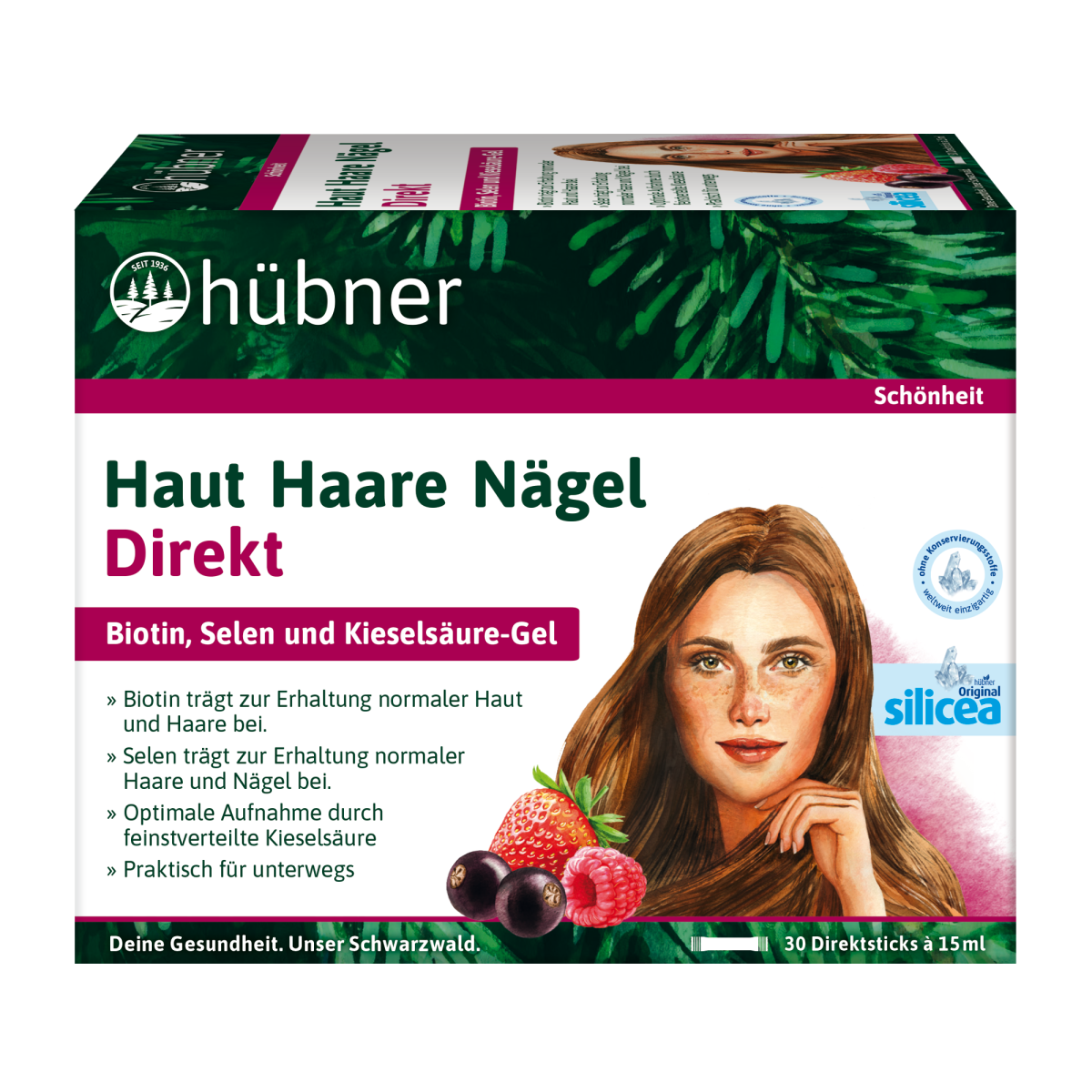 Grüne Schachtel mit Hübner-Nahrungsergänzungsmittel für Haut, Haare und Nägel auf rosa Hintergrund mit aufgedruckten Vorteilen und zwei Beuteln daneben.