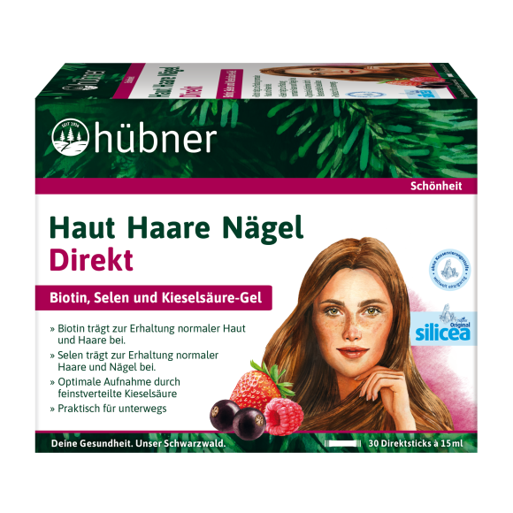Grüne Schachtel mit Hübner-Nahrungsergänzungsmittel für Haut, Haare und Nägel auf rosa Hintergrund mit aufgedruckten Vorteilen und zwei Beuteln daneben.