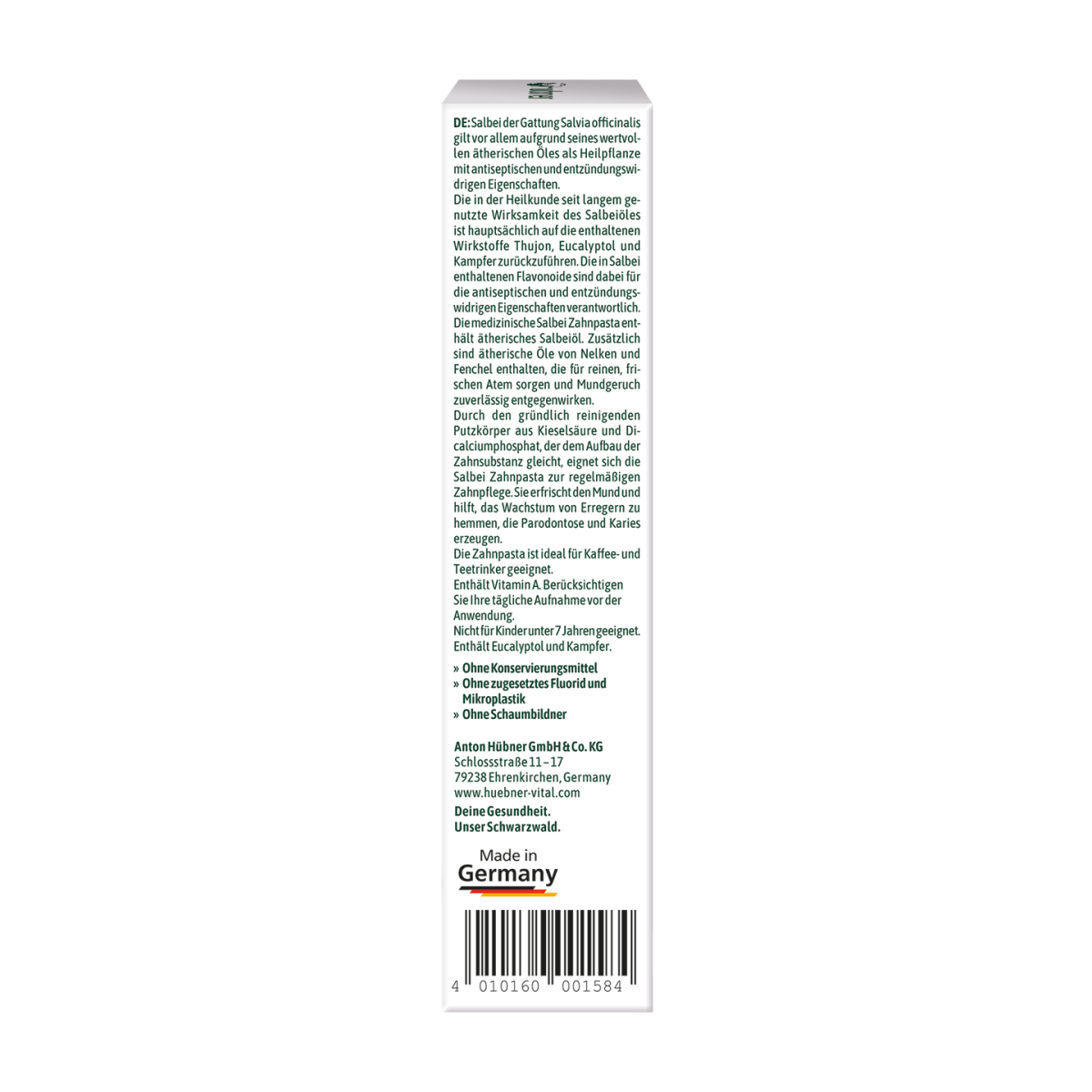 Rückansicht einer Zahnpastapackung mit deutschem Text, grünem Blattdesign, Barcode und „Made in Germany“ auf der Unterseite aufgedruckt.