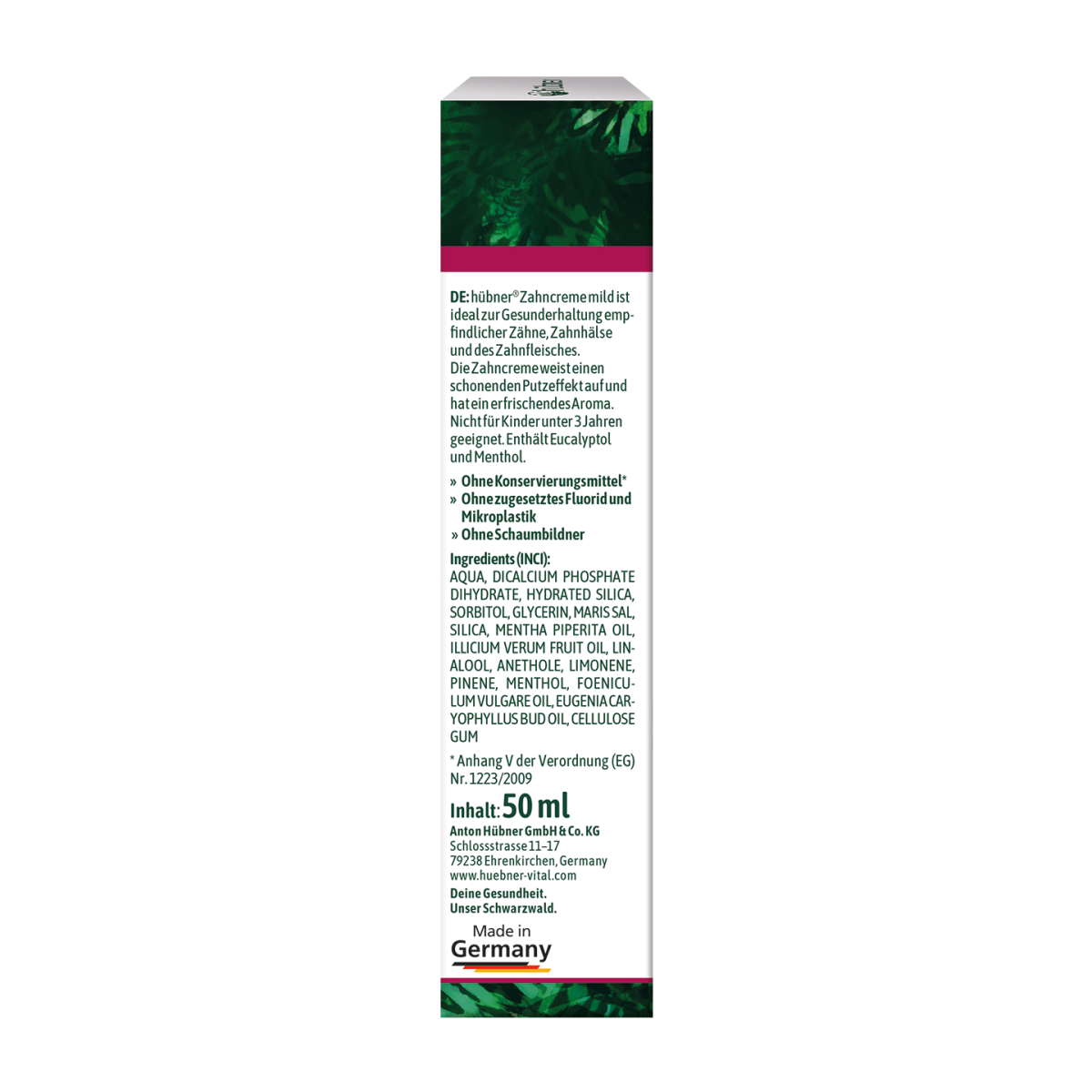 Eine Packung Hübner Zahnpasta Sensitive mit Kieselgel, Pfefferminzöl und Menthol, mit Abbildung einer Zahnbürste und Minzblättern.