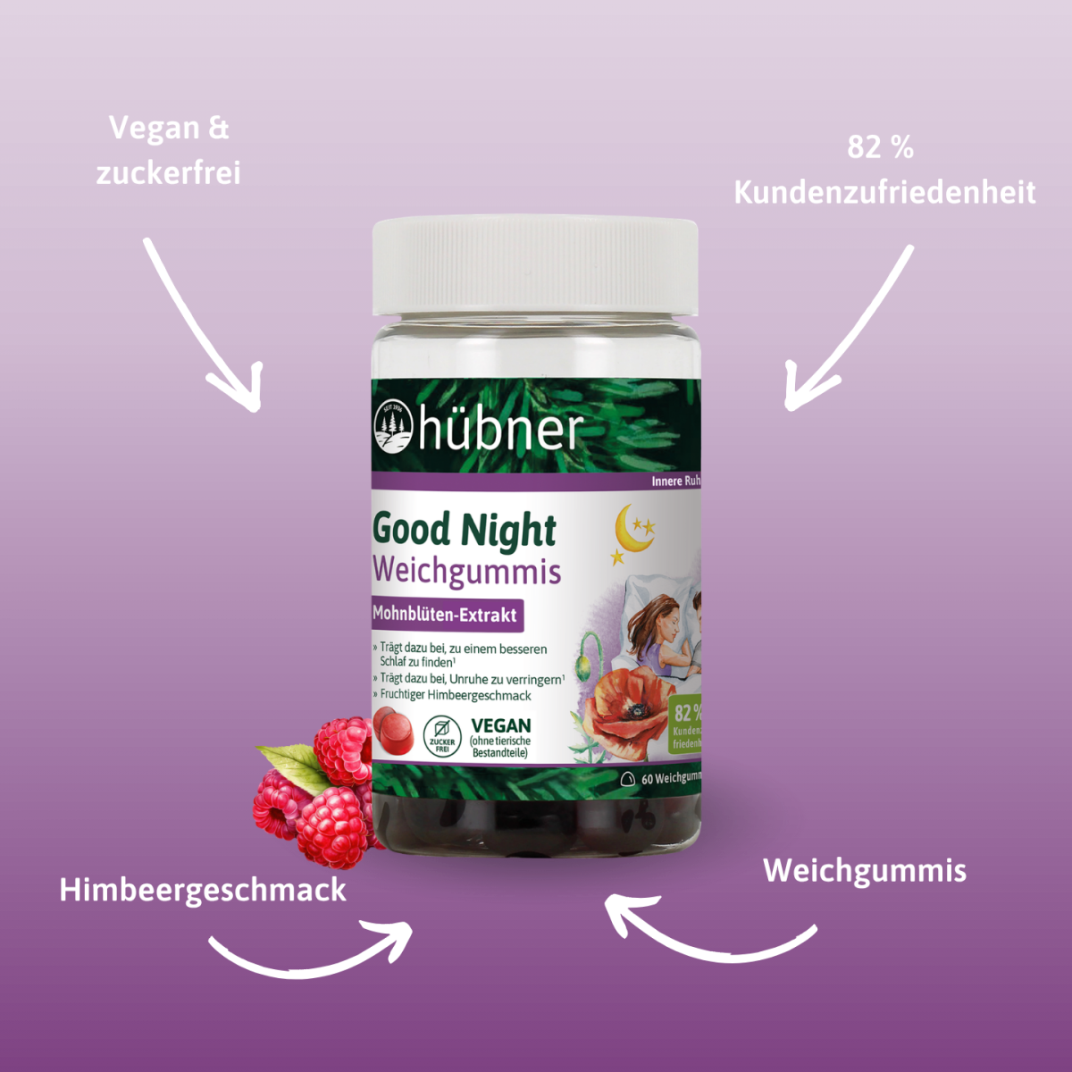 Ein Glas Hübner Gute Nacht Gummivitamine mit Mohnextrakt, oben rechts mit der Aufschrift NEU in einem grünen Kreis.