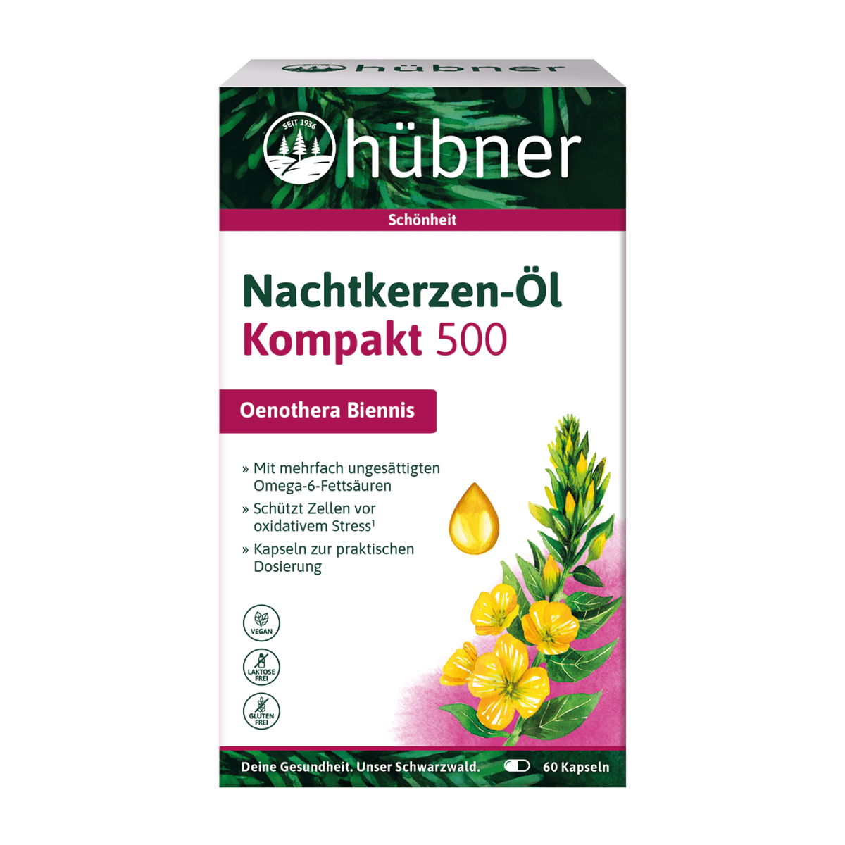 Schachtel Hübner Nachtkerzen-Öl Kompakt 500 Kapseln mit gelben Blüten und Ergänzungsangaben auf der Vorderseite.