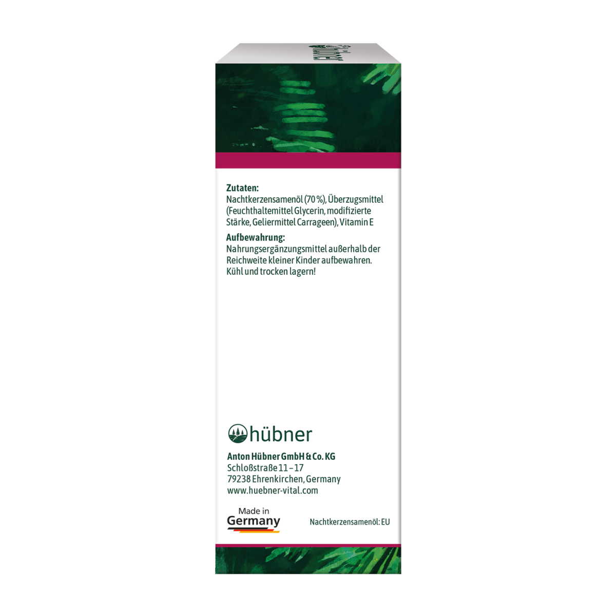 Weiße Produktverpackung mit Inhaltsstoffen, Aufbewahrungshinweisen und Firmeninformationen in deutscher Sprache, inklusive Made in Germany-Etikett.