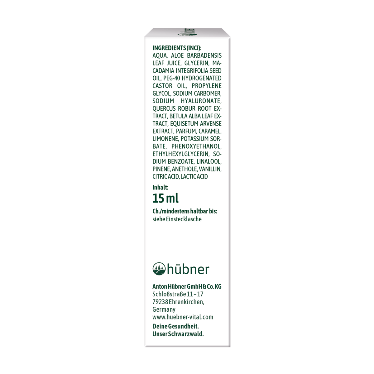 Weiße Box mit einer Liste der Hautpflege-Inhaltsstoffe und Produktinformationen in deutscher Sprache, einschließlich Füllmenge 15 ml und Herstellerangaben.