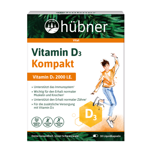Schachtel hübner Vitamin D3 Kompakt mit springender Person und Symbolen für vegan, laktose- und glutenfrei, enthält 30 Flüssigkapseln.
