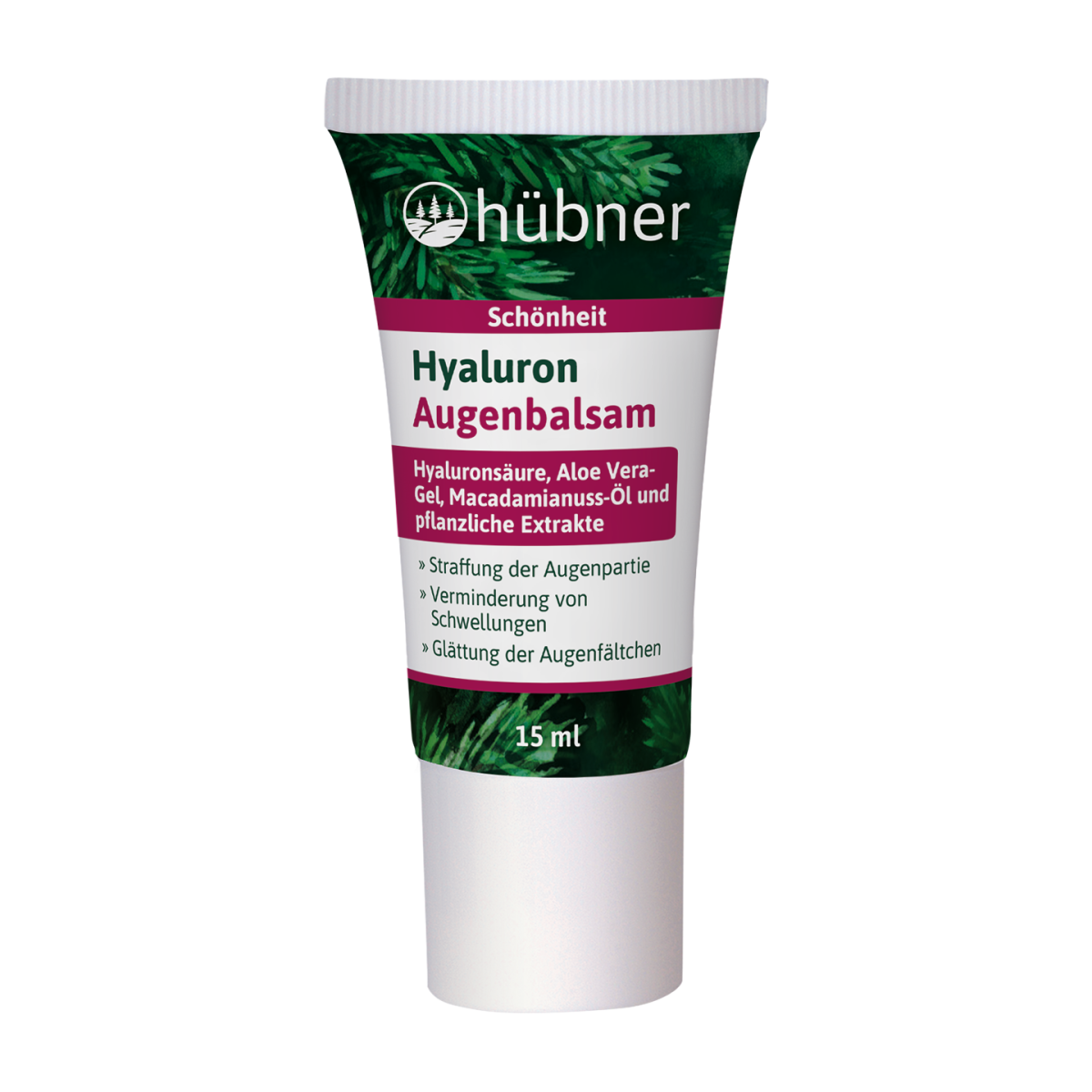 Eine Tube Hübner Hyaluron Augenbalsam mit grün-weißem Etikett und 15 ml Inhalt.