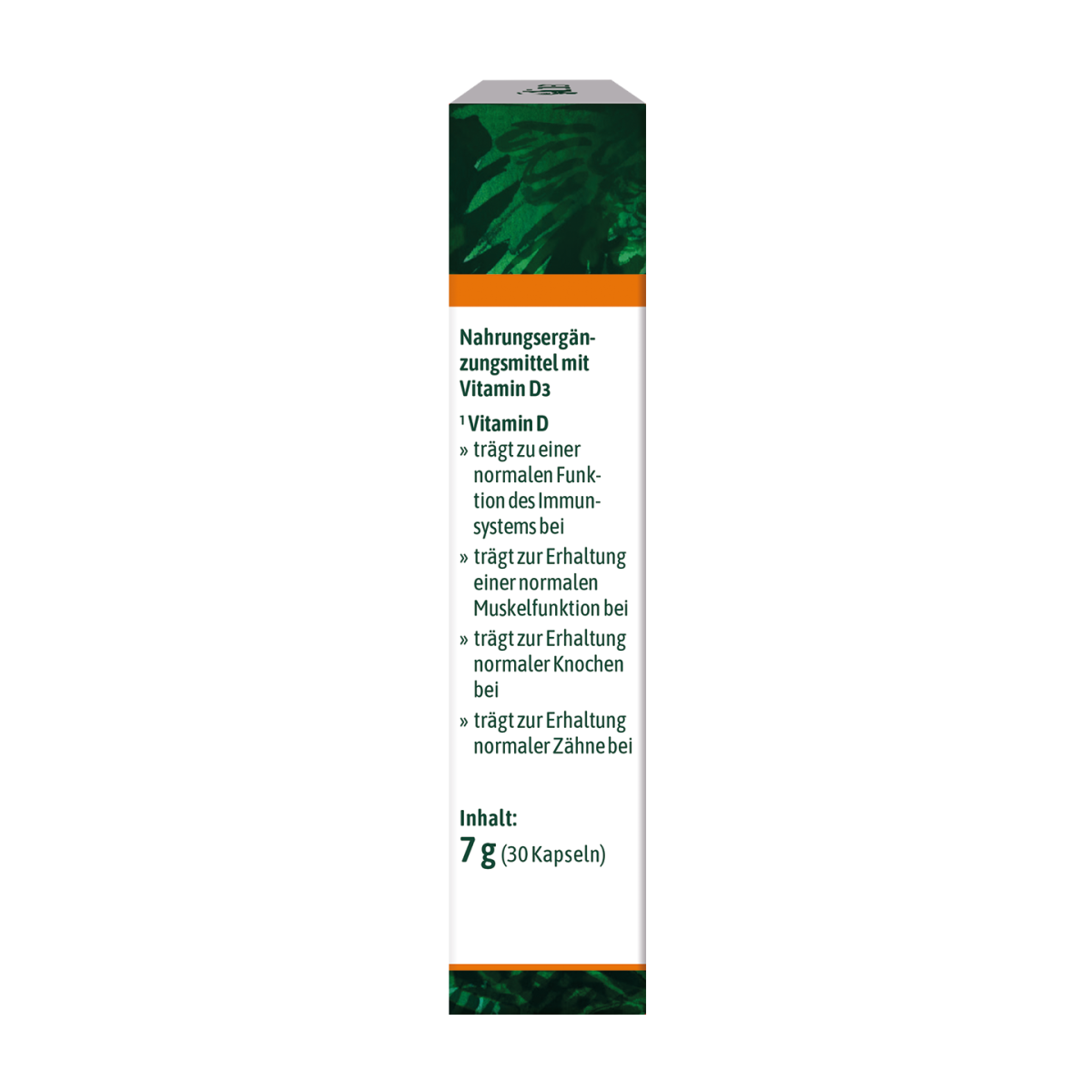 Etikett für ein Vitamin-D-Nahrungsergänzungsmittel mit Angaben zu den Vorteilen für Immunsystem, Muskeln, Knochen und Zähne. Enthält 30 Kapseln à 7 g.