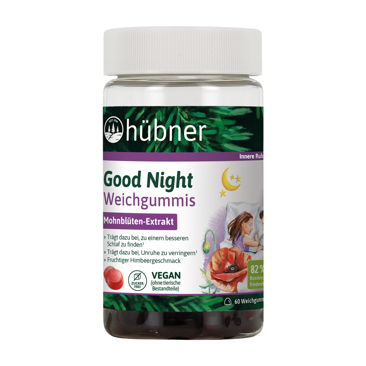 Ein Glas Hübner Gute Nacht Weichgummis mit Mohnextrakt, veganem Etikett und Illustrationen von Mond, Blumen und schlafenden Menschen.