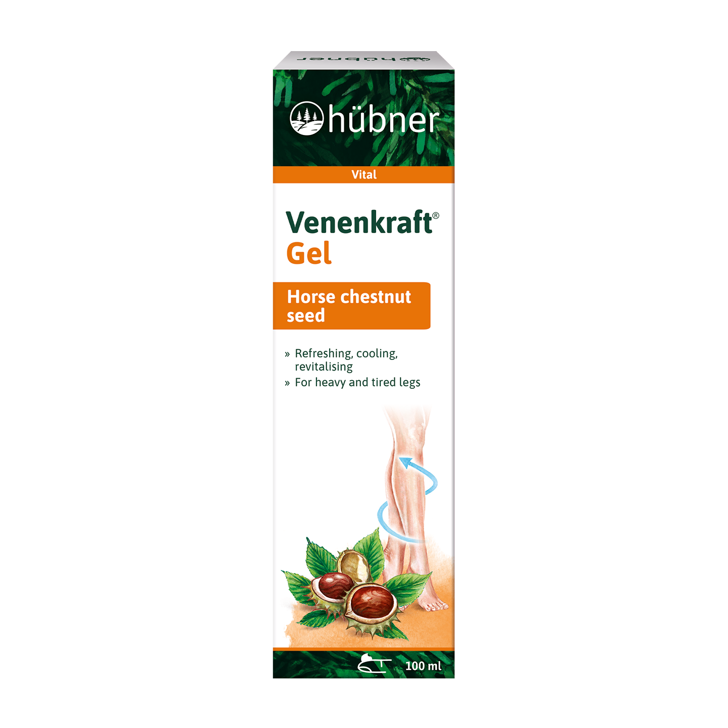 Eine Schachtel Hübner Venenkraft Gel mit Rosskastaniensamen, zur Linderung schwerer und müder Beine, 100 ml.