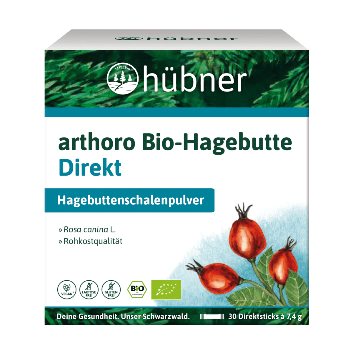 Schachtel mit Hübner arthoro Hagebutte Direkt Hagebuttenpulver, mit Abbildung eines Kniegelenks und Hagebuttenfrüchten auf der Vorderseite.