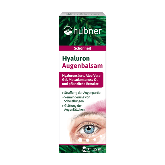 Schachtel Hübner Hyaluron Augenbalsam mit Pflanzenextrakten, Hyaluronsäure und dem Bild eines Auges mit Cremepunkten darunter.