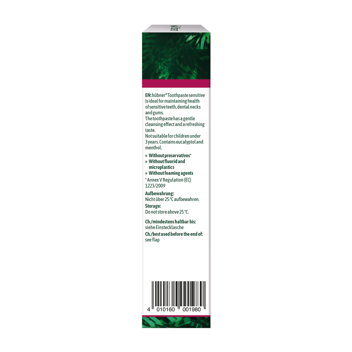 Eine Packung Hübner Zahncreme Mild Zahnpasta mit deutschem Text, der auf rosa Hintergrund die wichtigsten Inhaltsstoffe und Eigenschaften hervorhebt.