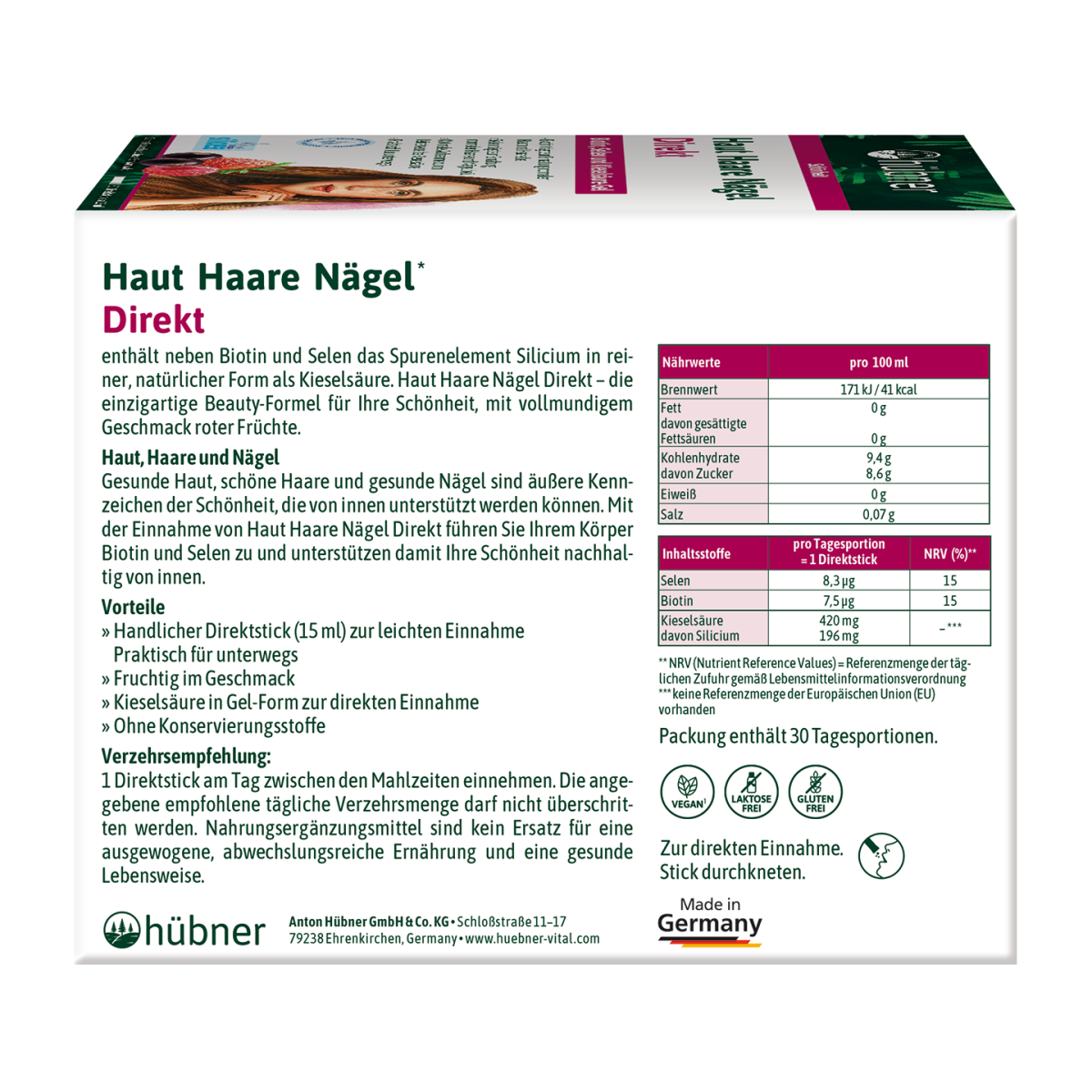 Weiße Produktverpackung für Haut Haare Nägel Direkt von Hübner mit Nährwertangaben, Gebrauchshinweisen und Firmeninformationen in deutscher Sprache.
