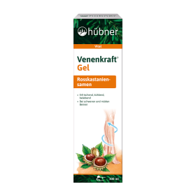 Schachtel mit Hübner Venenkraft Gel mit Rosskastaniensamen, einer Abbildung von Beinen und Produktinformationen in deutscher Sprache auf der Vorderseite.