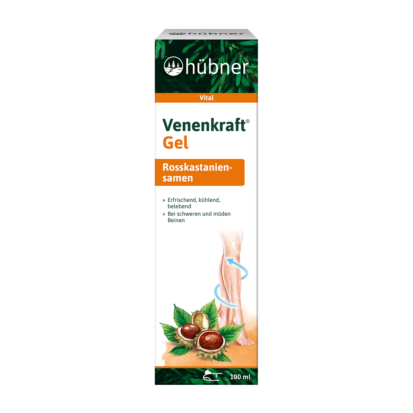Schachtel mit Hübner Venenkraft Gel mit Rosskastaniensamen, einer Abbildung von Beinen und Produktinformationen in deutscher Sprache auf der Vorderseite.