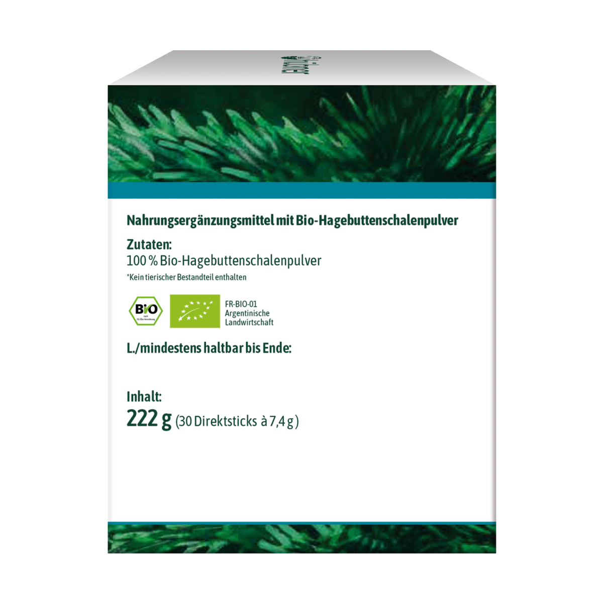 Weiße Schachtel mit grünem Blattmuster, mit Informationen über das Bio-Hagebuttenpulver als Nahrungsergänzungsmittel in deutscher Sprache und einem BIO-Zertifizierungslogo.