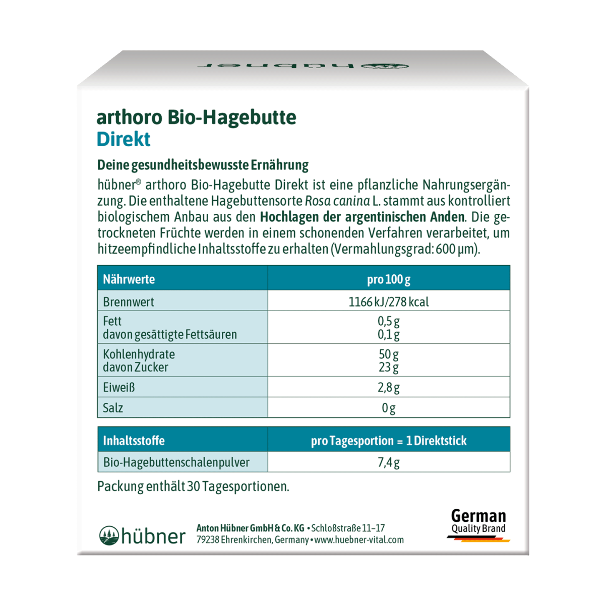 Rückseite einer Schachtel mit der Aufschrift arthoro Hagebutte Direkt, mit Nährwertangaben und Produktinformationen in deutscher Sprache.